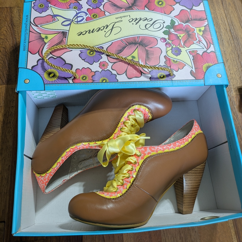 Poetic Licence Tan and Yellow Lace-Up Heels - Picture 6 of 8